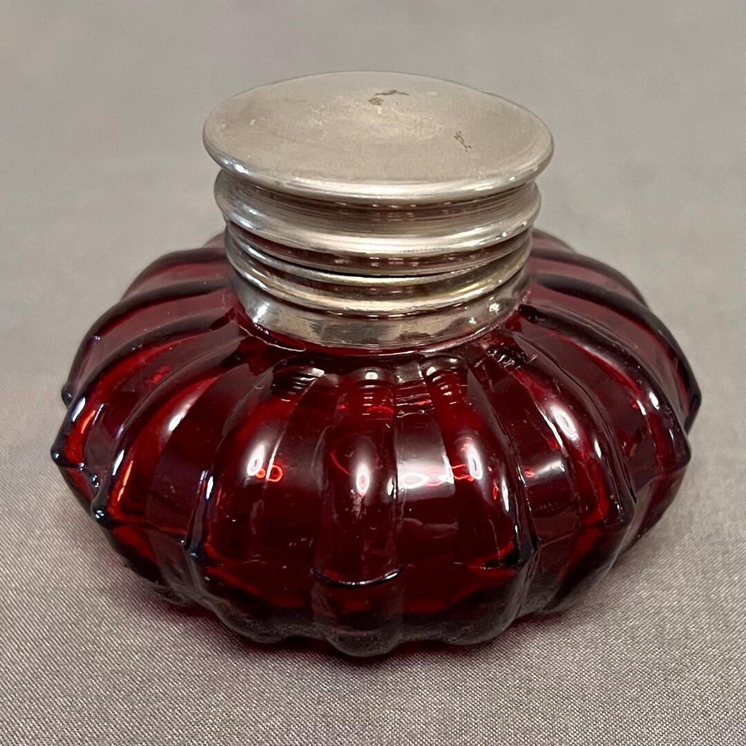 VTG Ruby Red Inkwell W/ Hinged Lid Glass Melon 3.5x2.25” - Etsy