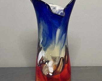 VTG 1994 Handblown Sommerso Mid Century Fishtail Rim Colorful Vase 10x8x18”