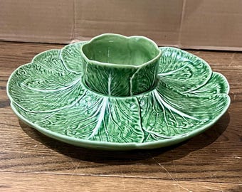 VTG Bordallo Pinheiro Green Cabbage Leaf Veggies Apps Serving Tray & Dip Bowl