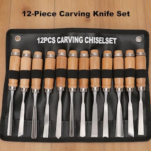 May include: A 12-piece carving knife set displayed in a black carrying case. The knives have wooden handles with black bands and silver blades. The text "12-Piece Carving Knife Set" and "12PCS CARVING CHISELSET" are visible.