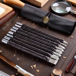 May include: A set of wood carving chisels with silver blades and dark brown textured handles. The tools are arranged on a wooden surface, alongside a black leather tool roll and a magnifying glass.