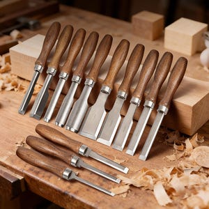 May include: A set of woodworking chisels with wooden handles and steel blades. The chisels are displayed on a wooden surface, highlighting their different blade profiles. These tools are designed for accurate and detailed carpentry work.