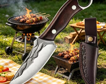 Cuchillo vikingo forjado a mano - Cuchillo de supervivencia de acero inoxidable - Cuchillo de carnicero para camping y barbacoa