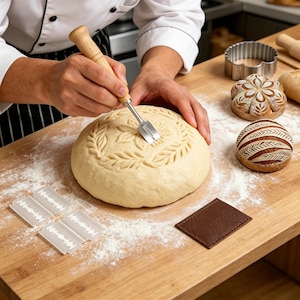 Peut inclure: Un boulanger utilise une lame à pain pour inciser une miche de pâte avec un motif de feuilles. L'outil à manche en bois est utilisé pour créer des motifs décoratifs sur la surface du pain. Plusieurs lames de rasoir et des pains finis sont également sur la surface en bois.