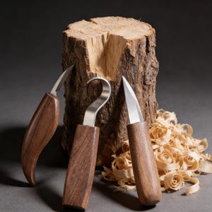Puede incluir: Tres cuchillos para tallar madera con mangos de madera y hojas plateadas se exhiben frente a un tocón de árbol. Virutas de madera están esparcidas alrededor de los cuchillos, lo que sugiere que las herramientas se utilizan para tallar.
