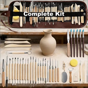 May include: A complete pottery kit with various tools, including wooden modeling tools, metal blades, and brushes. The kit includes a brown leather roll-up case with the text "Complete Kit". A beige ceramic vase is also present.