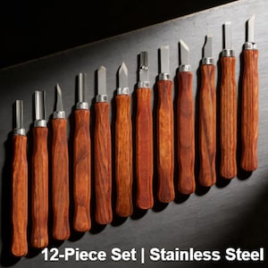 ステンレススチール彫刻ツールセット12点セット、木製ハンドル付き防錆彫刻キット
