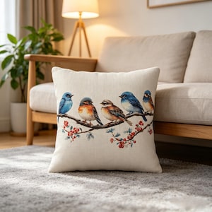 May include: A square decorative pillow with a nature theme. The pillow features a detailed illustration of five colorful birds perched on a branch with red berries. The birds are in shades of blue, orange, and brown against a cream-colored background.