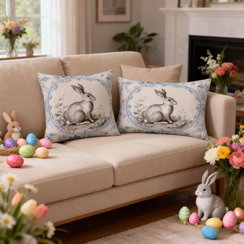 Rustic Blue Dutch Rabbit Pillow Cover, French Country Farmhouse ...