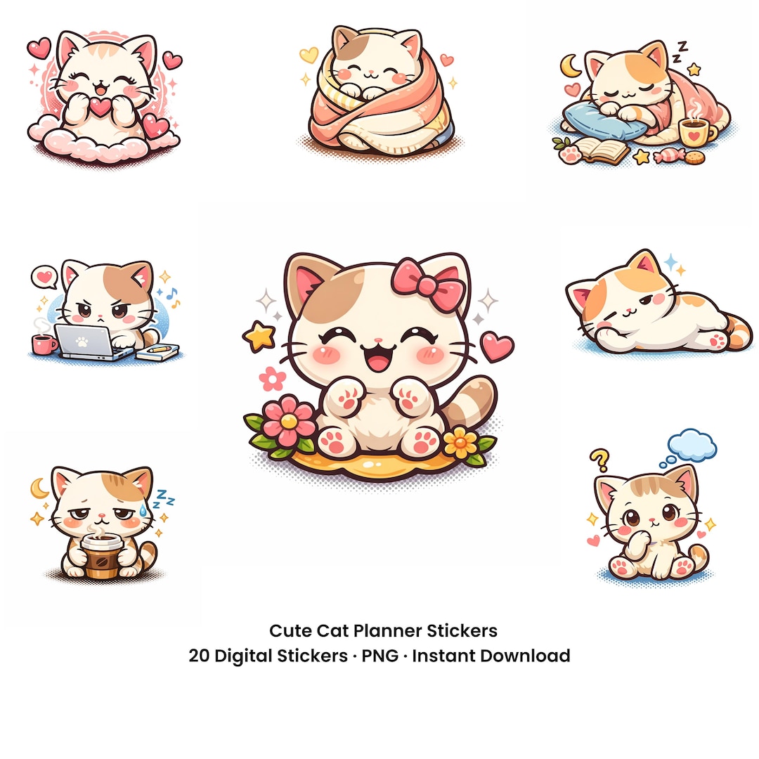 Cute Cat Planner Stickers | Kawaii Digital Stickers PNG | 20+ Digital ...