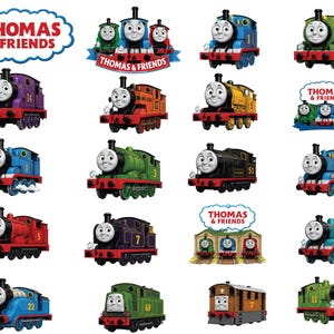 May include: A collection of Thomas & Friends character stickers featuring various colourful steam engines including Thomas, Percy, and James. The set includes individual train illustrations with their respective numbers and the Thomas & Friends logo.