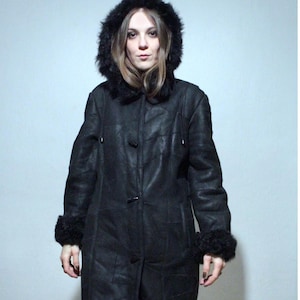 hooded sheepskin jacket long black shearling patchwork leather coat
