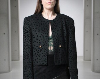 French vintage wool jacket with oversized shoulders / Black power suit blazer with gold buttons