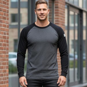 Herren Base Layer Merino Strick-Oberteil / Langarm grau und schwarze Wolle T-Shirt / Thermo-Unterwäsche