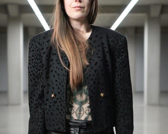 French vintage wool jacket with oversized shoulders / Black power suit blazer with gold buttons