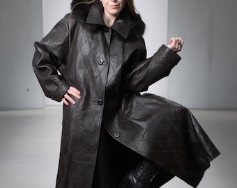 Burgundy leather maxi coat / Hooded long coat with diamond quilt PLUS SIZE