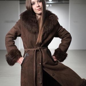 Afghan coat / Dark brown sheepskin coat with belt / Long shearling
