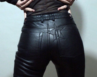 Pantalon skinny en cuir Black Star / Pantalon en cuir noir taille haute des années 2000