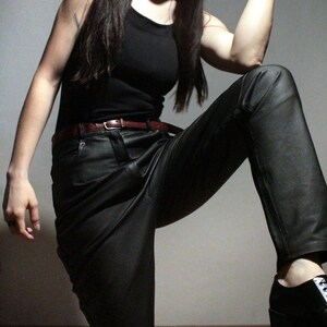 all black leather outfit with tapered leather pants