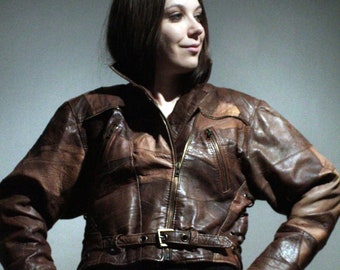 Patchwork leather jacket / Vintage motorcycle jacket / Cropped brown leather jacket