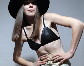 Black leather bra / Sexy lingerie / Leather triangle bralette