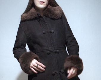 Sheepskin maxi coat w. orange shearling interior / Long brown suede coat