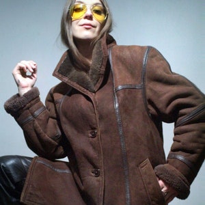 Brown sheepskin jacket / Winter shearling coat / Patchwork suede parka