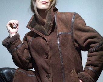 Brown sheepskin jacket / Winter shearling coat / Patchwork suede parka