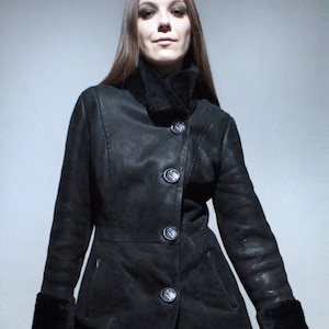 Black sheepskin jacket / Womens shearling coat