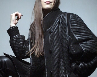 Chevron sheepskin coat with leather / Black shearling jacket