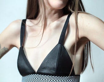 Chevron leather bralette / Black and white triangle bra