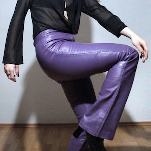00s Purple leather pants high rise bootcut flare leather trousers y2k
