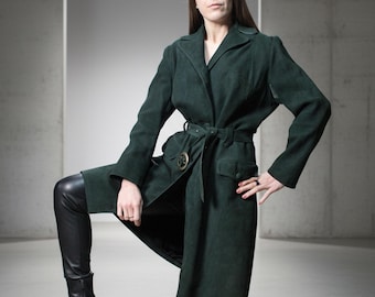 Emerald green suede trench coat / 70s Leather coat with a belt