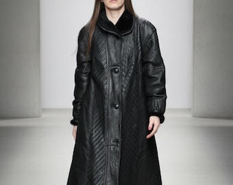 Black shearling maxi coat / Winter long sheepskin leather coat