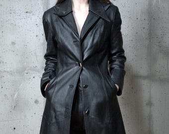 Avant-garde leather coat / Womens black long leather blazer