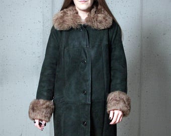 70s Afghan coat / Emerald green shearling jacket / Long sheepskin maxi coat