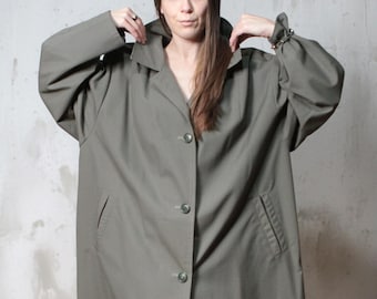 Trench coat with silk lining / 70s Vintage olive green long coat PLUS SIZE