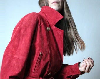 Vintage 90s Red Suede Jacket, Short Trench Coat with Belt