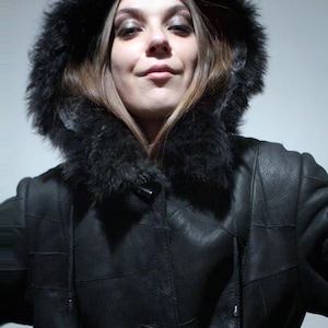 hooded sheepskin jacket long black shearling patchwork leather coat
