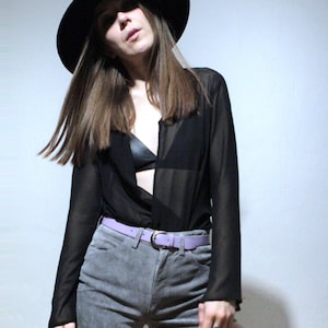 LAST CHANCE Sheer black top with bell sleeve / See through chiffon blouse / Minimalist long black duster