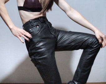 90年代レディース12ブラックレザーハイライズストレートパンツモトゴス