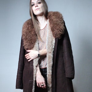 Long shearling coat PLUS SIZE / Brown sheepskin maxi coat / 70s Vintage womens winter overcoat
