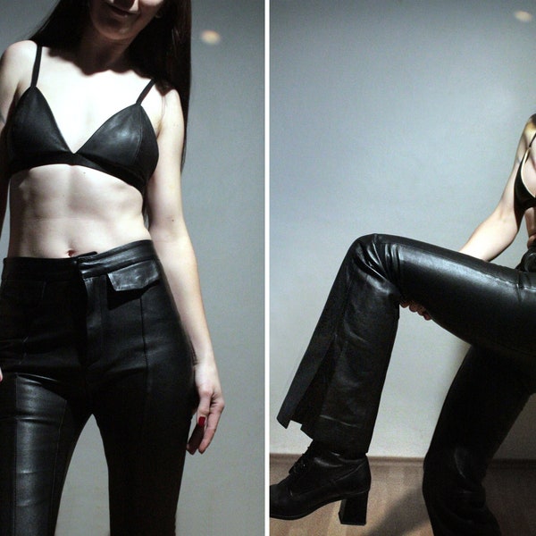 Side slit flare leather pants / Bell bottom black leather trousers