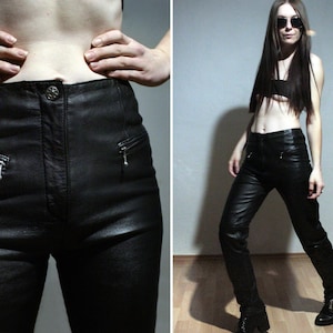 Leren broek met hoge taille / vintage skinny leren broek uit de jaren 90