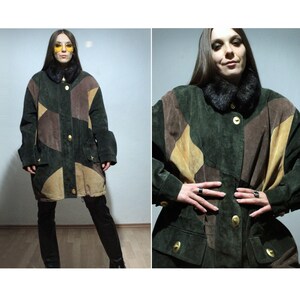 Veste en daim patchwork / parka en cuir oversize vintage des années 90