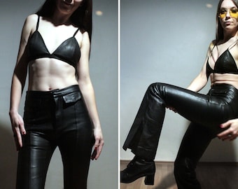 Side slit flare leather pants / Bell bottom black leather trousers