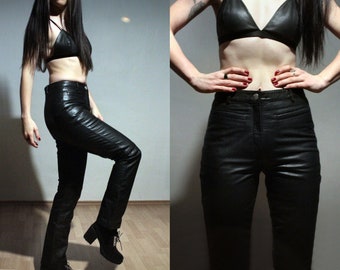 Bootcut leather pants / Womens high waisted black leather trousers