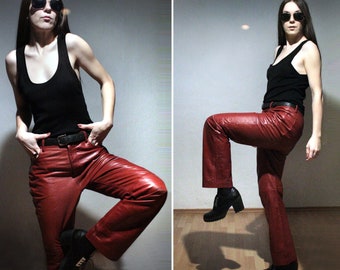 Red leather pants PLUS SIZE / Trussardi high waisted flare leather trousers