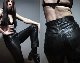 Black Star ankle leather pants / Womens high waisted leather trousers