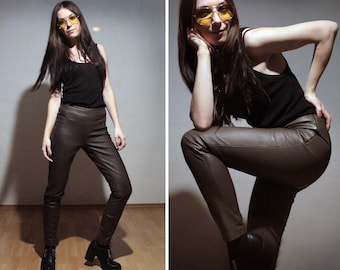 High waisted leather leggings / Skinny lambskin pants